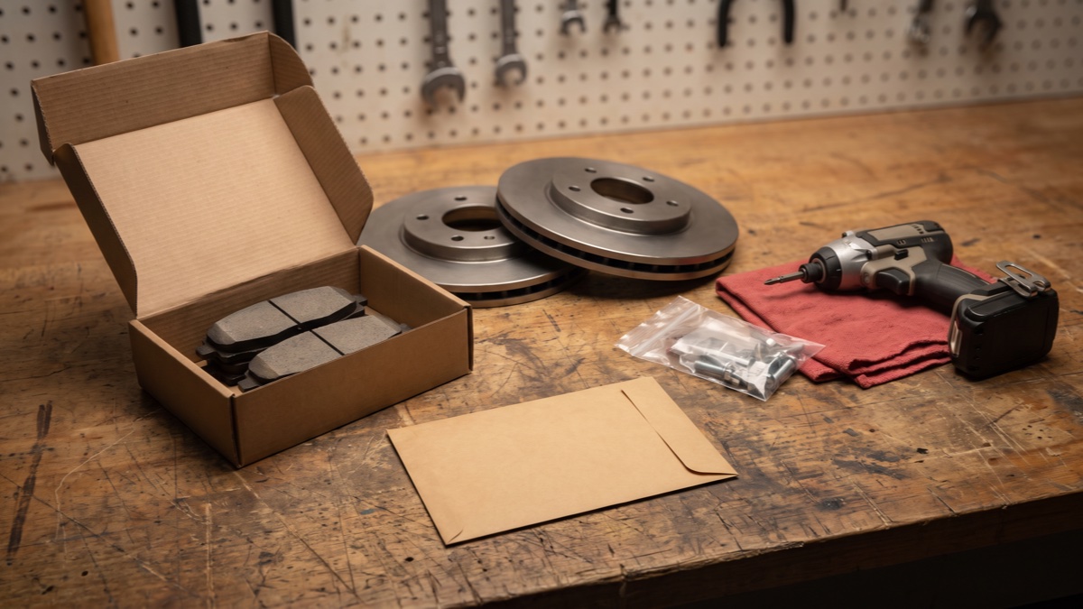 DIY brake job laid out at the counter — Image Lab fill until Nikki floor shot