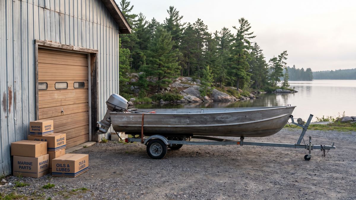 Boat on trailer at the shop — Image Lab fill until Nikki floor shot